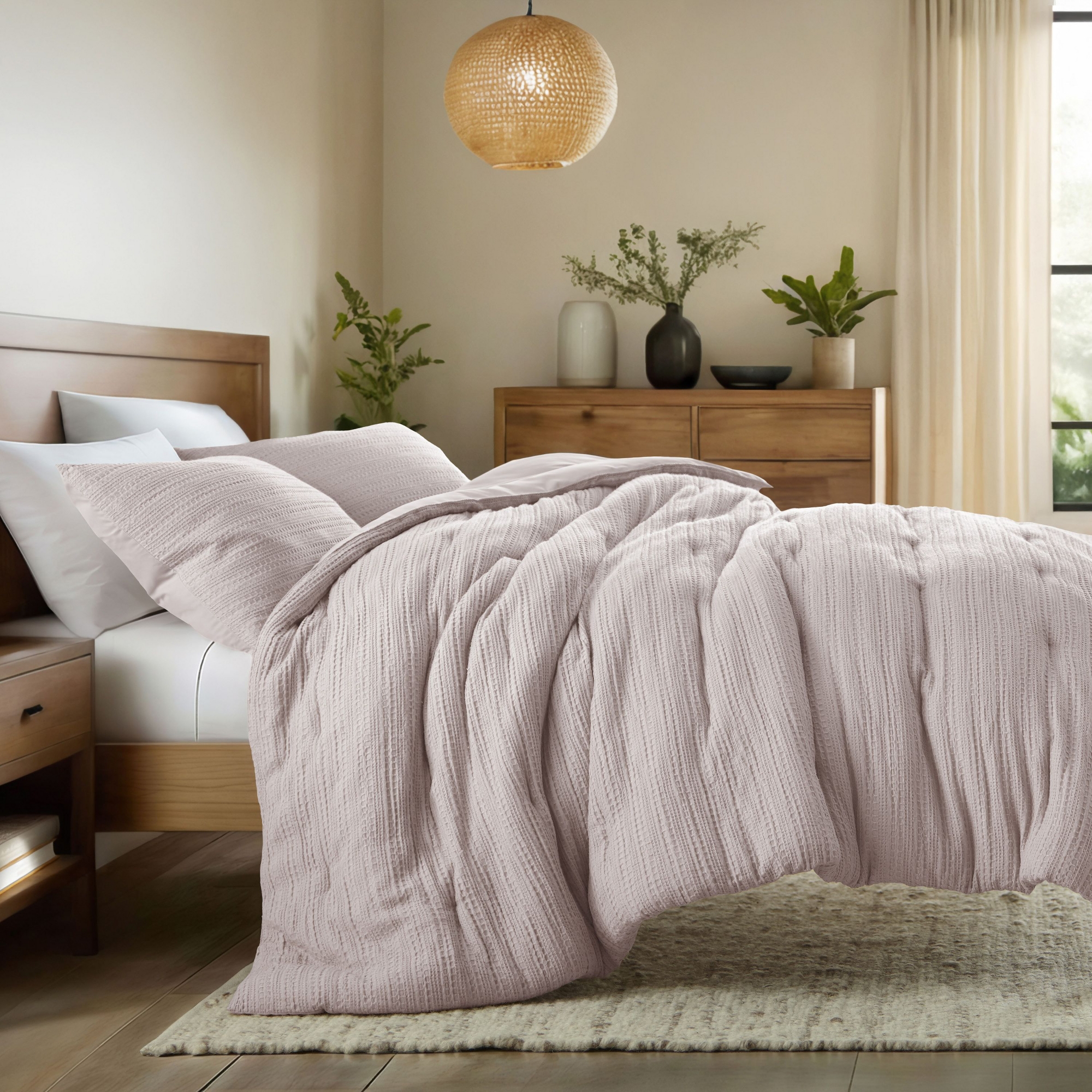 Waffle Textured Comforter Set All Season Down-Alternative Ultra Soft Bedding - Becky Cameron, Mauve, King/California King