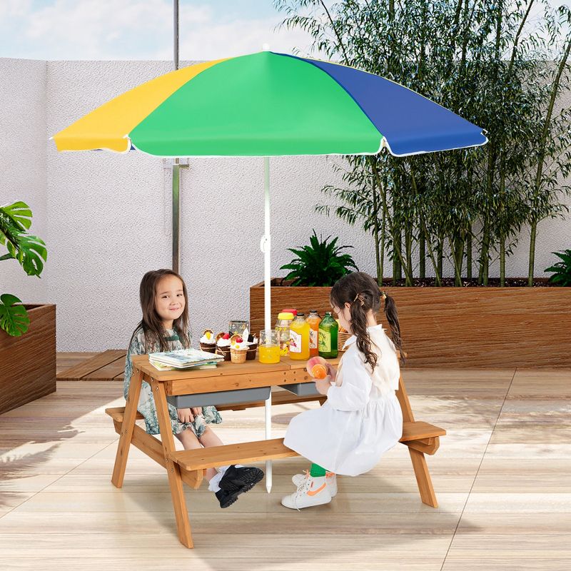 Costway 3-in-1 Kids Picnic Table Wooden Outdoor Sand & Water Table with Umbrella Play Boxes Natural/Blue/Green, 2 of 11