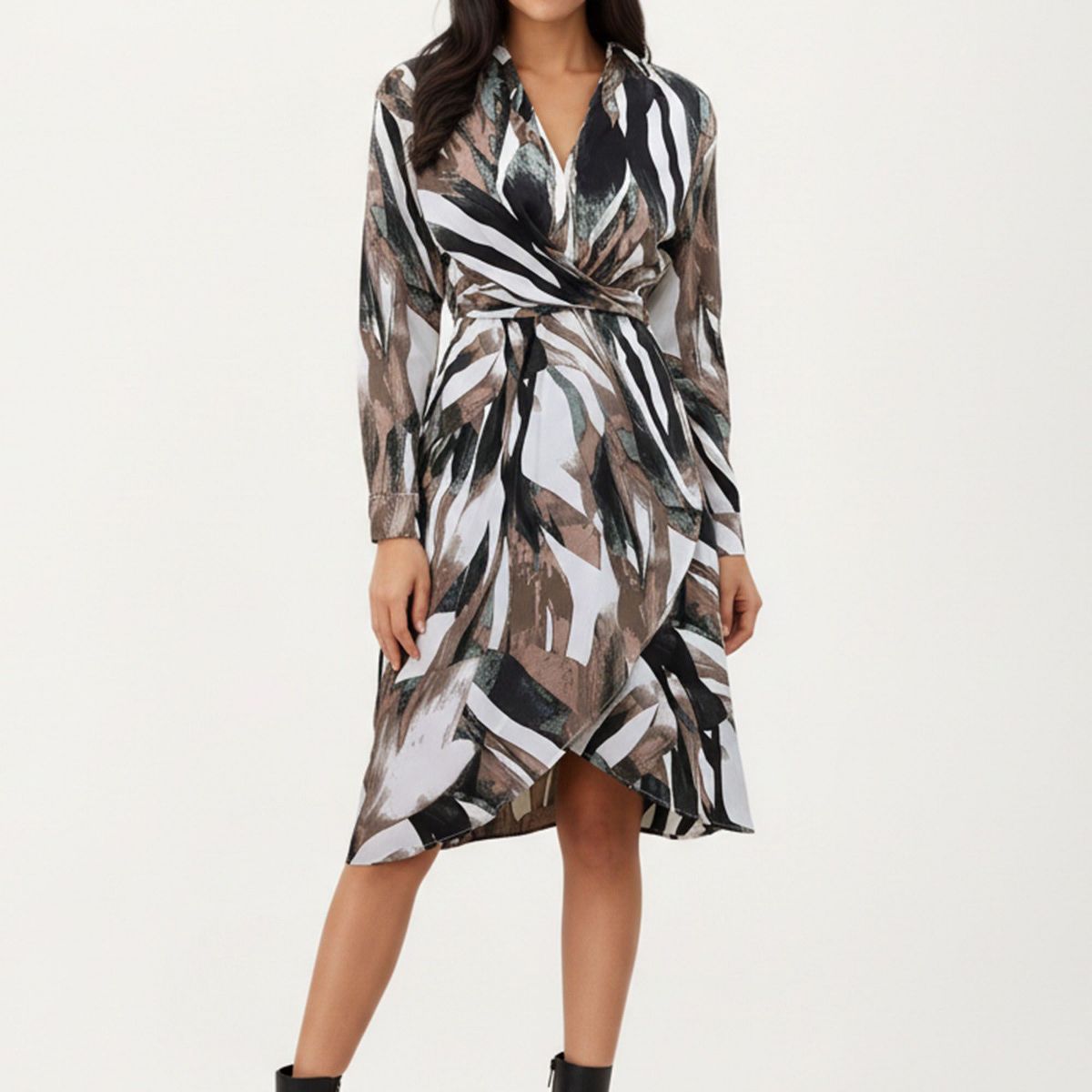 Anna-Kaci Women's Abstract Print Long Sleeve Wrap Dress with Belt and Asymmetrical Hem for a Flattering Fit
