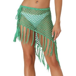 Allegra K Women's Hollow Out Beach Cover Up Fish Net Wrap Mesh Sheer Mini Tassel Skirts - 1 of 4