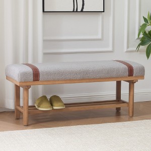 Bekrvio 44-Inch Teddy Fleece Upholstered Bench – Solid Wood Frame,Mid Century Modern Bench with PU Straps for Living Room, Bedroom - 1 of 4