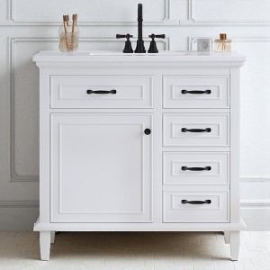 Mshliw 36" Bathroom Vanity with Ceramic Sink, 4 Drawers, Adjustable Shelf & Soft-Close Door, Solid Wood & MDF Freestanding Cabinet - 1 of 4