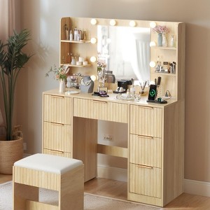 KTMBDW Fluted Makeup Vanity Desk with Mirror and Lights, Modern Vanity Table with 7 Drawers & 4 shelves, Dressing Table Set with Stool for Bedroom - 1 of 4