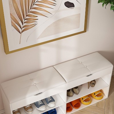 White MDF Shoe Storage Bench with Cushion and Open Shelves