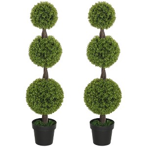Set of 2 Artificial Ball Boxwood Topiary Trees, Fake Plants in Pots for Indoor Outdoor Living Room - 1 of 4