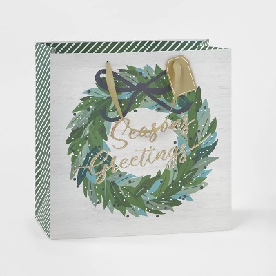 Jumbo Square Season's Greetings Wreath Gift Bag Cream - Wondershop™