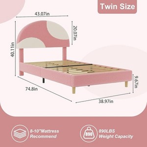 Twin Bed Frame with Round Boucle Headboard, Upholstered Arch-Shaped Design in Soft Pink, Modern Kids Wooden Slats Bed,  Easy Assembly - 1 of 4