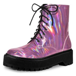 Allegra K Women's Round Toe Platform Lace Up Colorful Combat Ankle Boots - 1 of 4