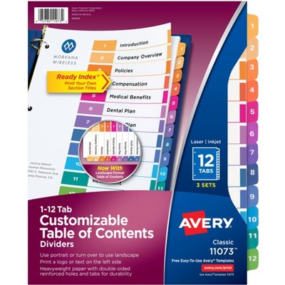 Avery Dividers for 3 Ring Binders, 12 Tabs per Set, Customizable Table of Contents, Multicolor Tabs (3 Sets of 11073)