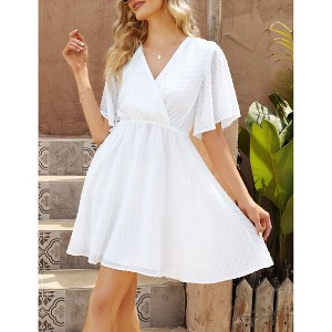 Women's Wrap V-Neck Dot Dress Flutter Sleeve Mini Dress Breathable Summer Dress - 1 of 4