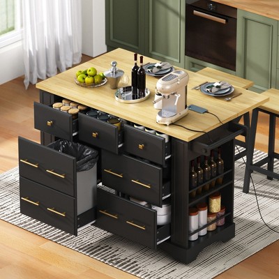 LOVSON Mobile kitchen island with 6 drawers, pull-out trash bin, 5 wheels, folding countertop, power outlet, suitable for restaurants ,kitchens, black