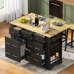 LOVSON Mobile kitchen island with 6 drawers, pull-out trash bin, 5 wheels, folding countertop, power outlet, suitable for restaurants ,kitchens, black - 1 of 4