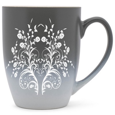 Elanze Designs Damask Floral Mirror Two Toned Ombre Matte Gray and White 12 ounce Ceramic Stoneware Coffee Cup Mug