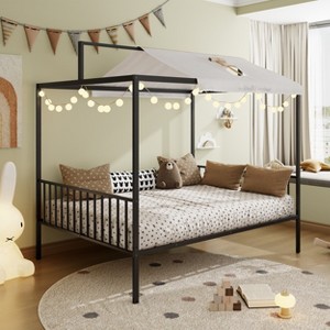 KTMBDW Twin/Full Size Montessori Floor Bed, Metal House Bed Frame for Kids, Montessori Floor Beds with Fence, Canopy Platform Bed - 1 of 4