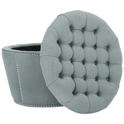 Sky Blue Tufted Round Linen Storage Ottoman