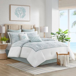Sapphtopaz 4 Piece Comforter Set Ocean Style Cotton Fresh Simple Seafoam Seashell Embroidered Details Cotton Oversized Quilt Set, White - 1 of 4