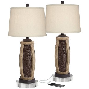 John Timberland Parker Industrial Table Lamps Set of 2 with Round Risers 30" Tall Bronze Wood USB Charging Port Oatmeal Drum Shade for Living Room - 1 of 4
