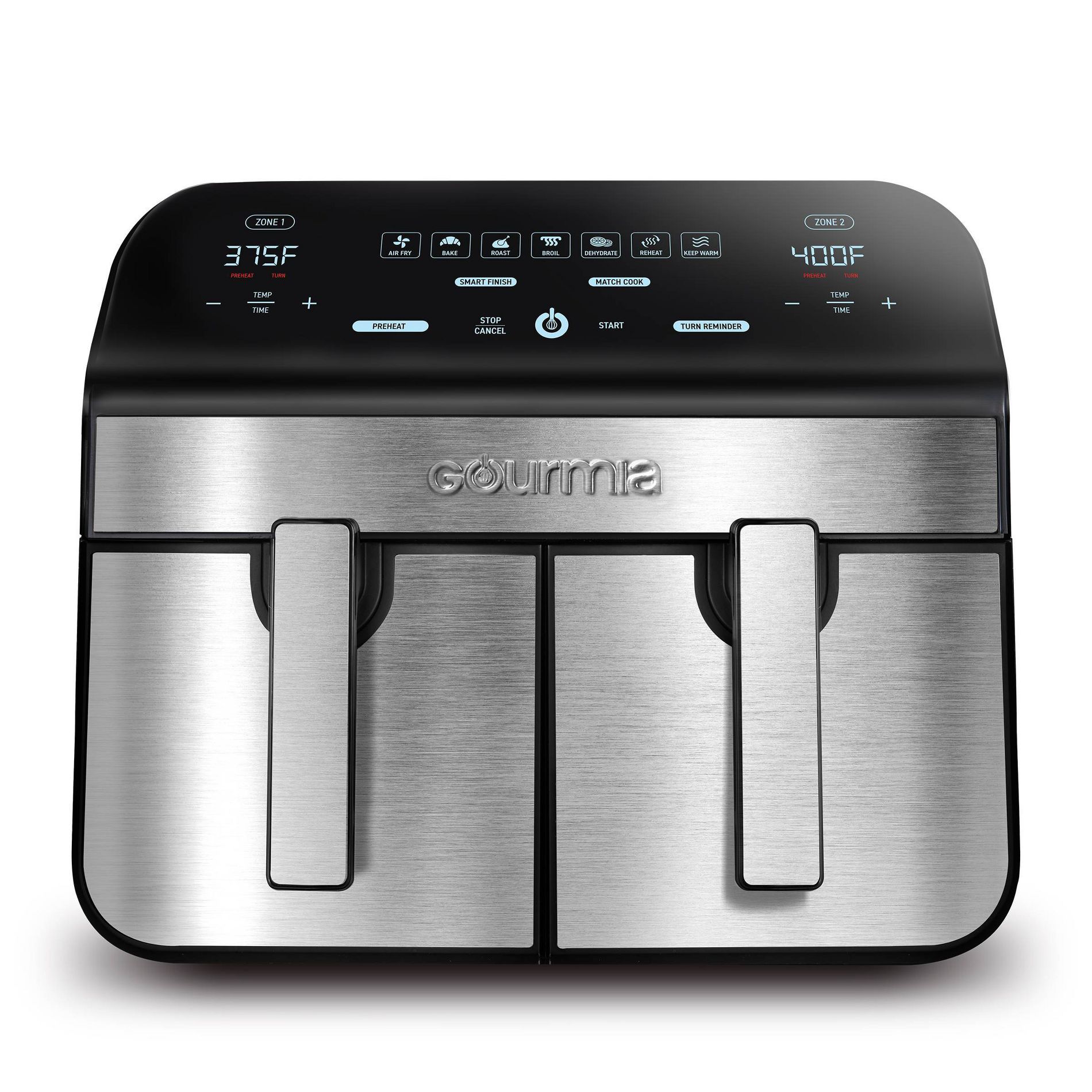 Gourmia 10-Qt. Dual Basket Digital Air Fryer with Smart Finish & Match Cook Black Stainless Steel: 1-Year Warranty, Dishwasher-Safe Parts