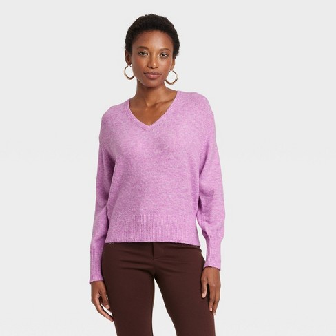 Women s Cozy Knit V neck Pullover Sweater A New Day Purple Xs Target