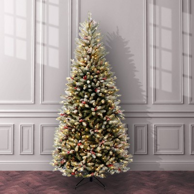 National Tree Company 7.5' PreLit Dunhill Fir Slim Flocked Red Berry Pinecone Hinged Artificial Christmas Tree
