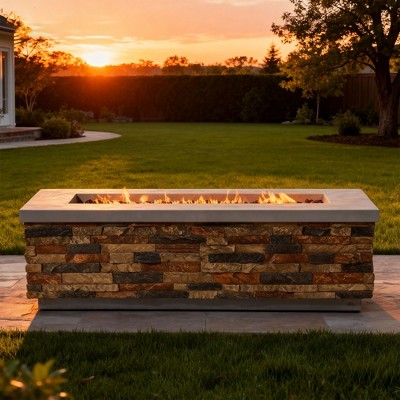 60" Propane Gas Fire Pit Table, 60000 BTU Outdoor Rectangular Concrete Fire Pit Table for Patio, Deck, Garden & Backyard, Sandstone Finish