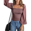 Women's Square Neck Lantern Sleeve Smocked Top, Stylish and Chic Blouse for Casual and Party Wear - 2 of 4