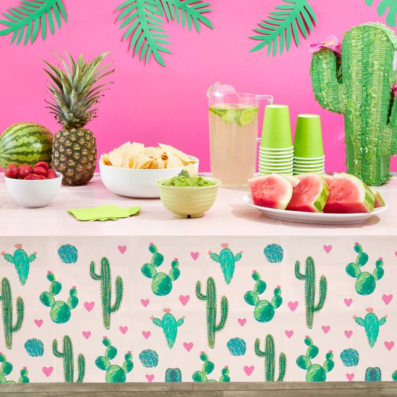 Sparkle and Bash 3 Pack Pink Plastic Cactus Tablecloth for Let's Fiesta Birthday Party Decorations, Baby Shower, 54x108 In, 2 of 8