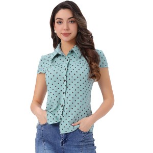 INSPIRE CHIC Women's Short Sleeve Vintage Polka Dots Button Up Blouse - 1 of 4