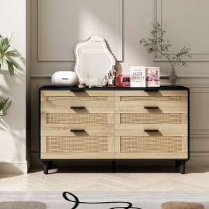 NicBex Wooden 6-Drawer Dresser,Farmhouse Double Dressers with Rattan Drawers,Chest of Drawers for Bedroom,Living Room,Kids Room,Hallway,Natural Style - 1 of 4