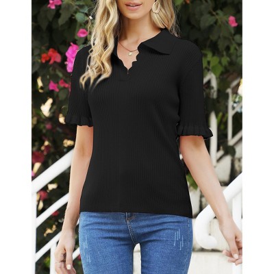 Womens Summer Shirts Short Sleeve V Neck Knit Polo Sweaters Ruffle Tops for Women
