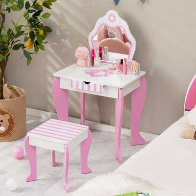 Tangkula Kid Vanity Set Makeup Table Stool With Drawer Shelf Wood Leg  Rabbit Mirror Pink : Target