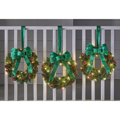 BrylaneHome Set Of 3 Cordless Pre-Lit Mini Christmas Wreaths - Green