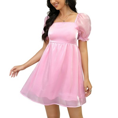 Clearlove Women's Puff Short Sleeve Mesh Dress Square Neck Summer A Line Dresses