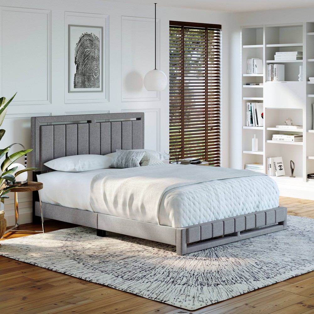 Photos - Bed Frame King Sloan Vertical Stitched Upholstered Platform Bed Gray Linen - Eco Dre