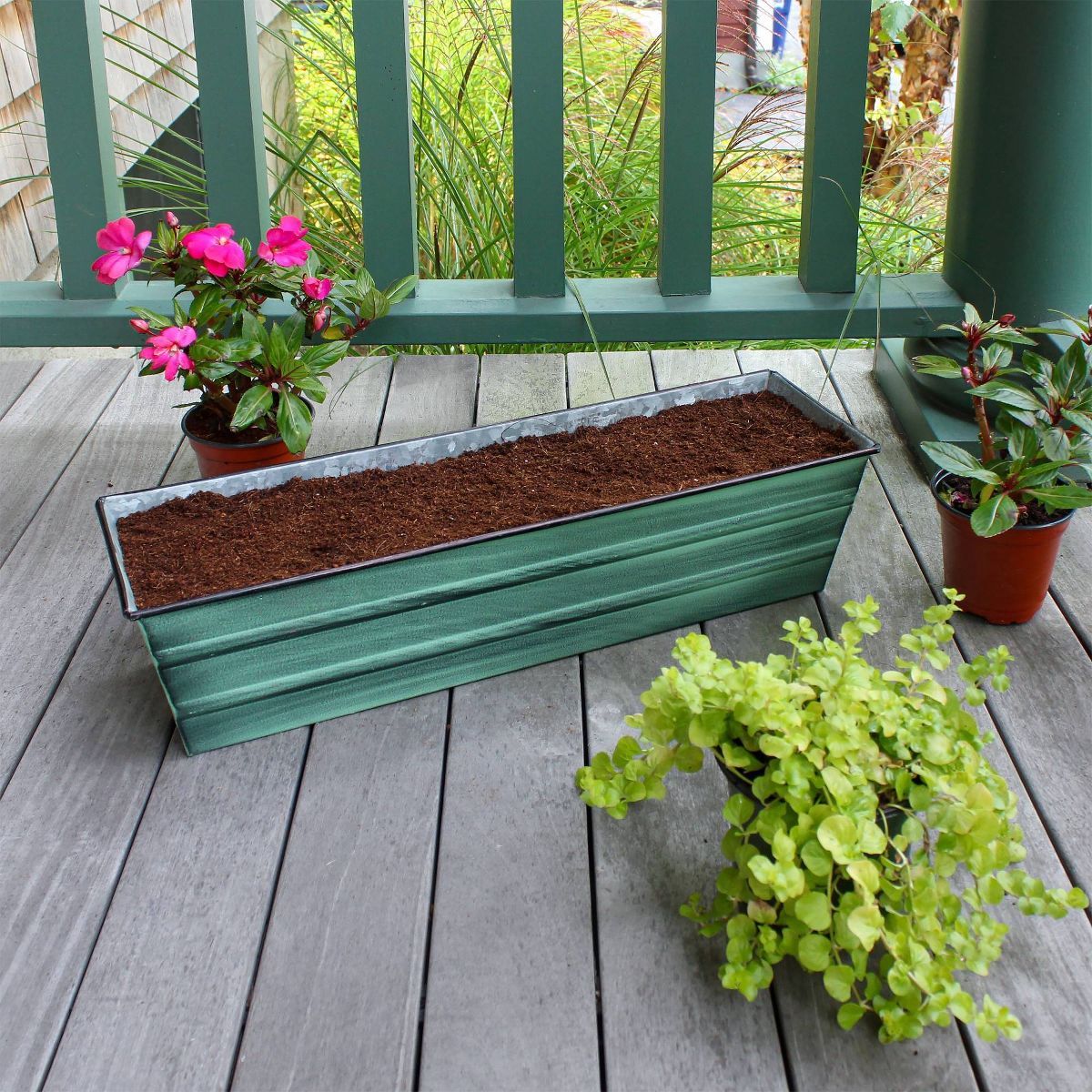ACHLA Designs Small Patina Finish Rectangular Galvanized Steel Outdoor Planter Box with Mounting Bracket Green - thumbnail 4