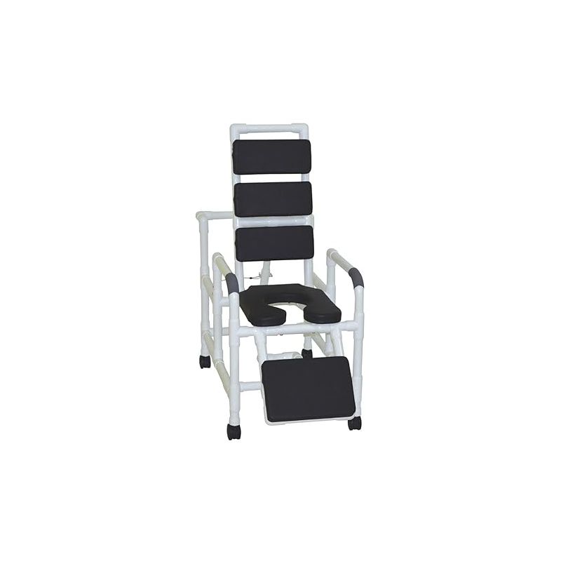 MJM International Corporation Reclining TOTAL Black padding shower chair with open front soft seat and elevated leg extension 325 lbs weight capacity, 1 of 2