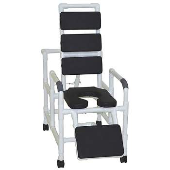 MJM International Corporation Reclining TOTAL Black padding shower chair with open front soft seat and elevated leg extension 325 lbs weight capacity