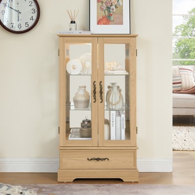Lighted Glass Display Curio Cabinet with Adjustable Shelves,2-Door 1-Drawer,Mirrored Back for Living Room Storage-Baofuwish