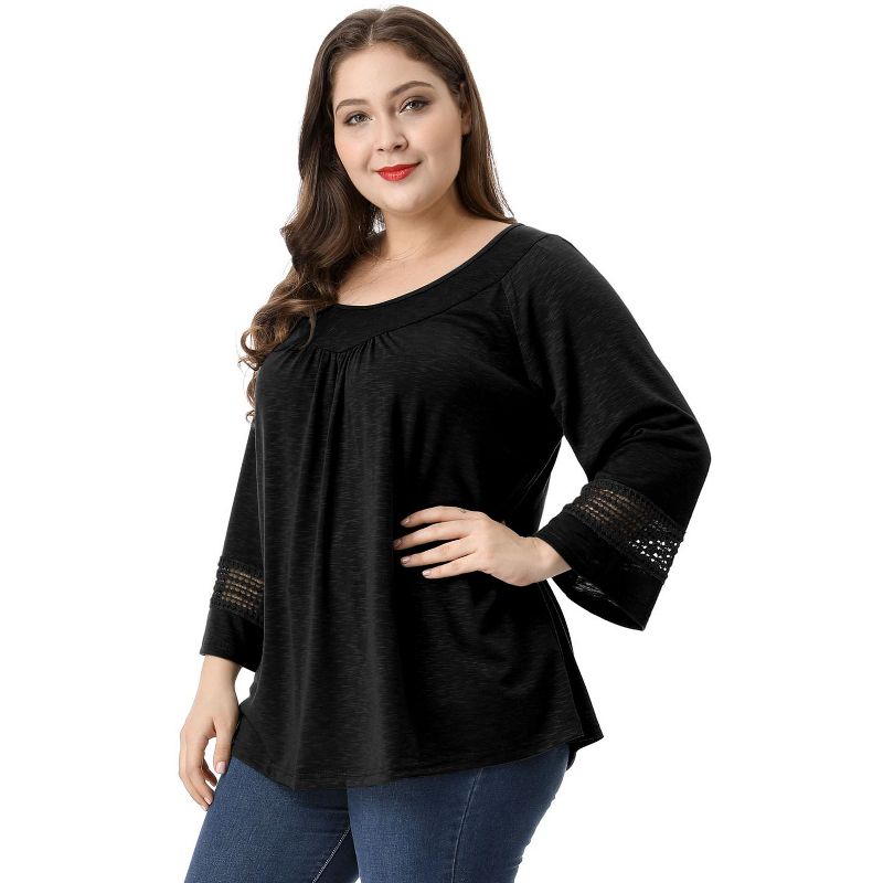 Agnes Orinda Women's Plus Size Crochet Panel Long Sleeves Ruched Front Casual Blouses, 5 of 8