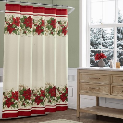 Red and White Poinsettias Holiday Fabric Shower Curtain - Red/White - Elrene Home Fashions