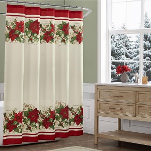 Red and White Poinsettias Holiday Fabric Shower Curtain - Red/White - Elrene Home Fashions - 1 of 3