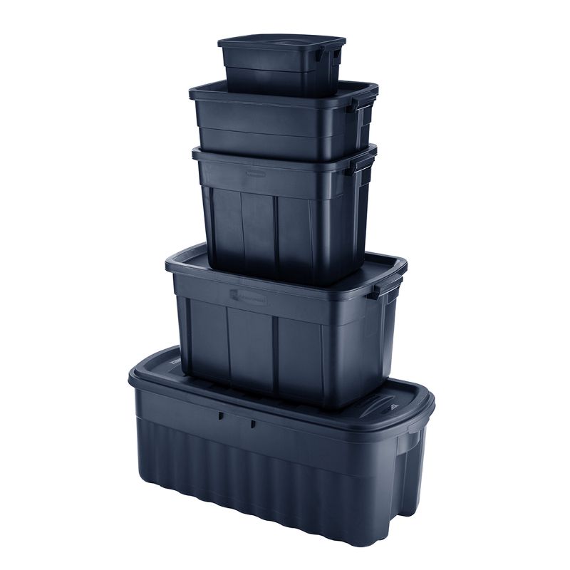 Rubbermaid Roughneck Heavy Duty 10 Gallon Plastic Bin Rugged Home Storage Organizer Totes with Lids, Dark Indigo Metallic (12 Pack), 4 of 7
