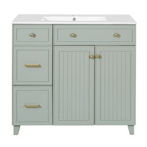 Vynxaria 36-Inch Bathroom Vanity - Ceramic Sink, 2 Drawers (1 Double-Layer), 2 Soft-Close Doors, Green - 1 of 4
