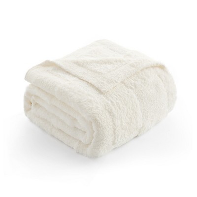 Snuggle Sac Faux Fur Checkered Throw Blanket, Fluffy Feather Yarn Blend Bedding Blankets for Couch or Bed
