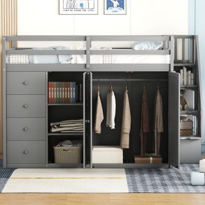 NicBex Full Size Loft Bed Wooden Bed Frame with Wardrobes, Drawers, Lockers, Storage Stairs and Full Length Guardrail, No Box Spring Required