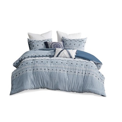 Gracie Mills Joseph Boho Chic Organic Cotton Chambray Duvet Cover Set - King/California King - Blue