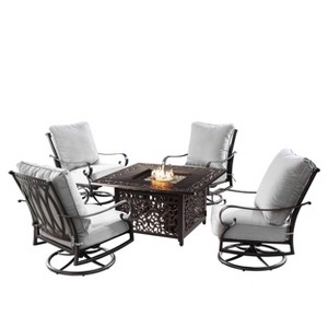 5pc Set with 42" Square Outdoor Aluminum Fire Table & 4 Swivel Rocking Chairs & a Wind Blocker - Oakland Living - 1 of 4
