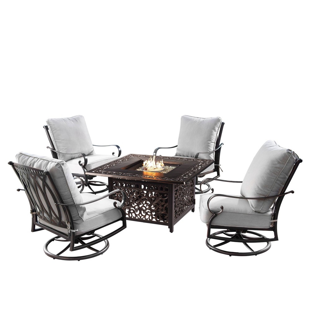 5pc Set with 42"" Square Outdoor Aluminum Fire Table & 4 Swivel Rocking Chairs & a Wind Blocker - Oakland Living -  85307708