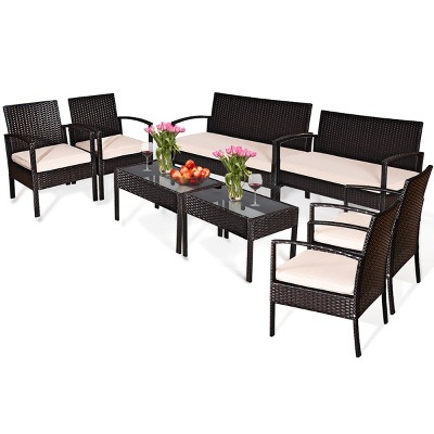 Tangkula 8PCS Conversation Wicker Set Patio Rattan Table&Cushioned Chair
