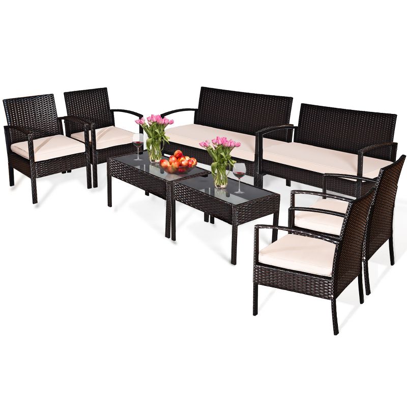 Costway 8PCS Patio Rattan Conversation Furniture Set Cushioned Seat Glass Table, 4 of 11